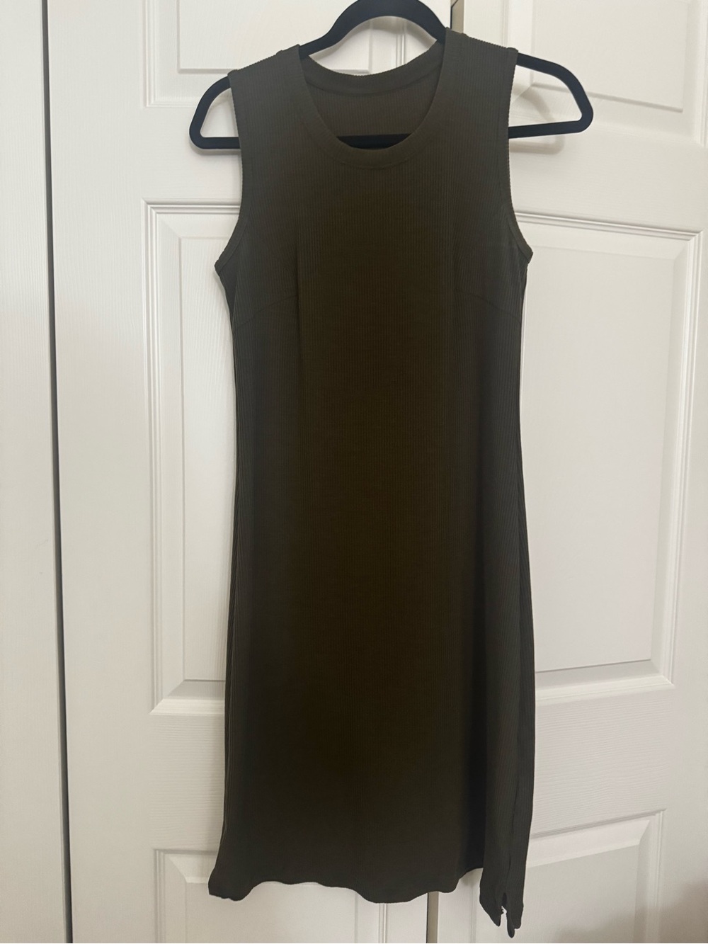 WOOLX Sleeveless Ribbed Merino Wool  Olive Midi Tank Dress